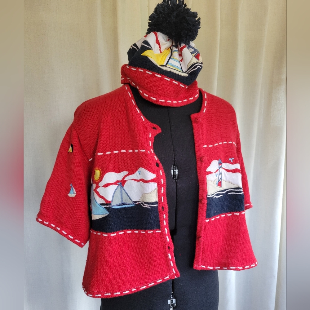 Redesigned Vintage Short Sleeve Sailboat Sweater Large With One Size Hat - Picture 12 of 13